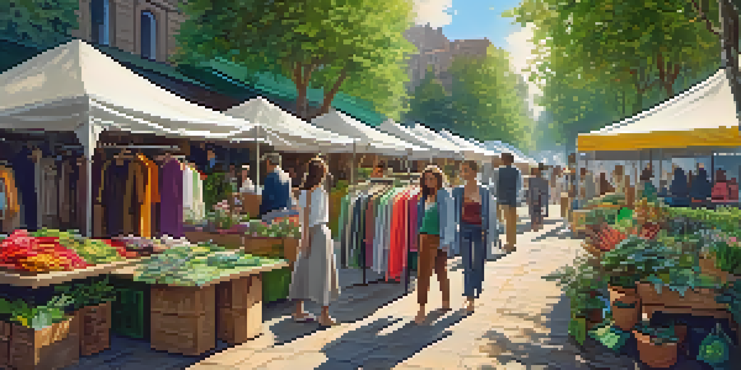 A lively outdoor market with stalls of eco-friendly clothing and diverse shoppers, surrounded by greenery.