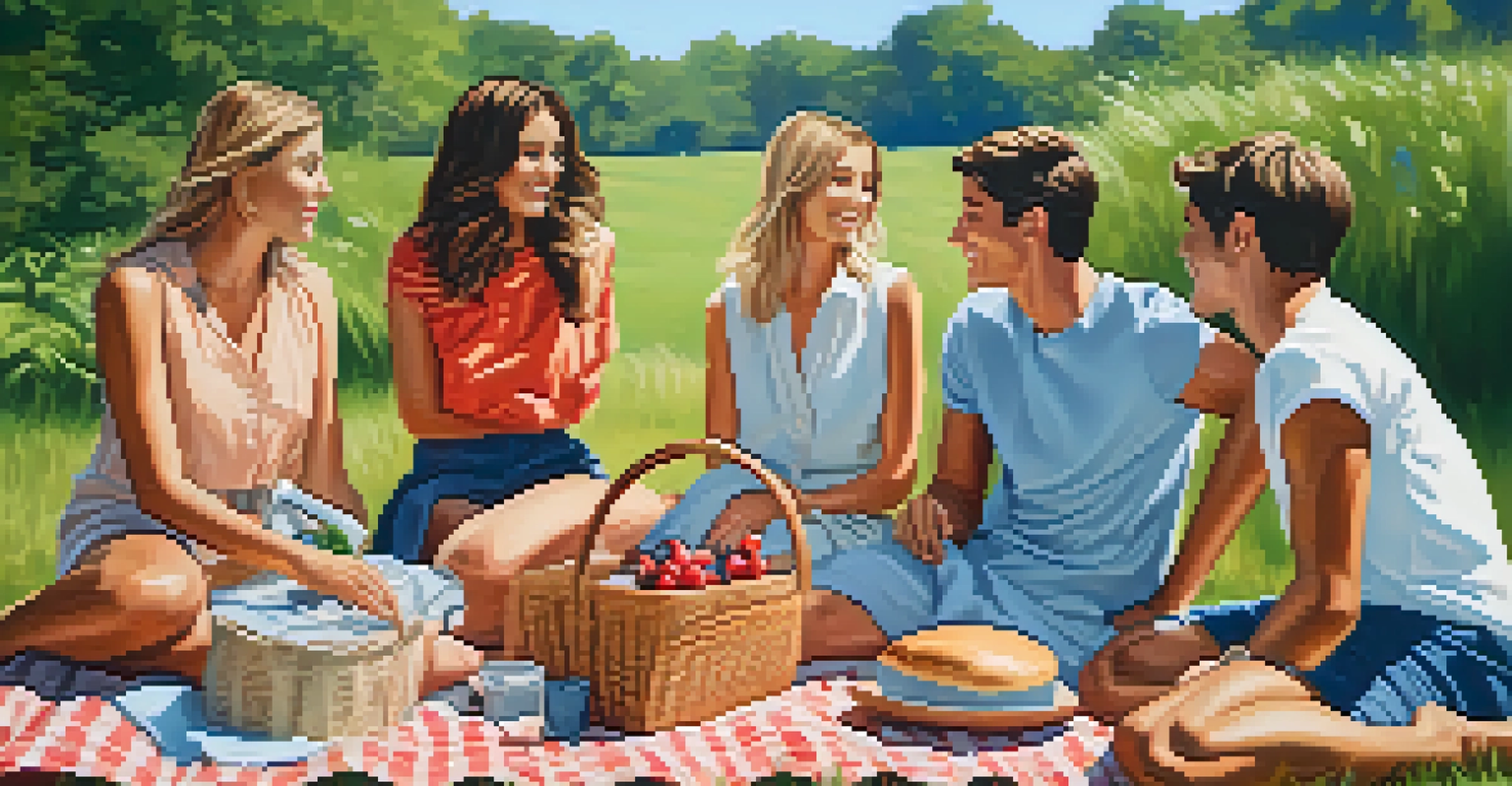 A group of friends at a picnic in stylish casual clothing, set against a backdrop of lush greenery and a clear sky.