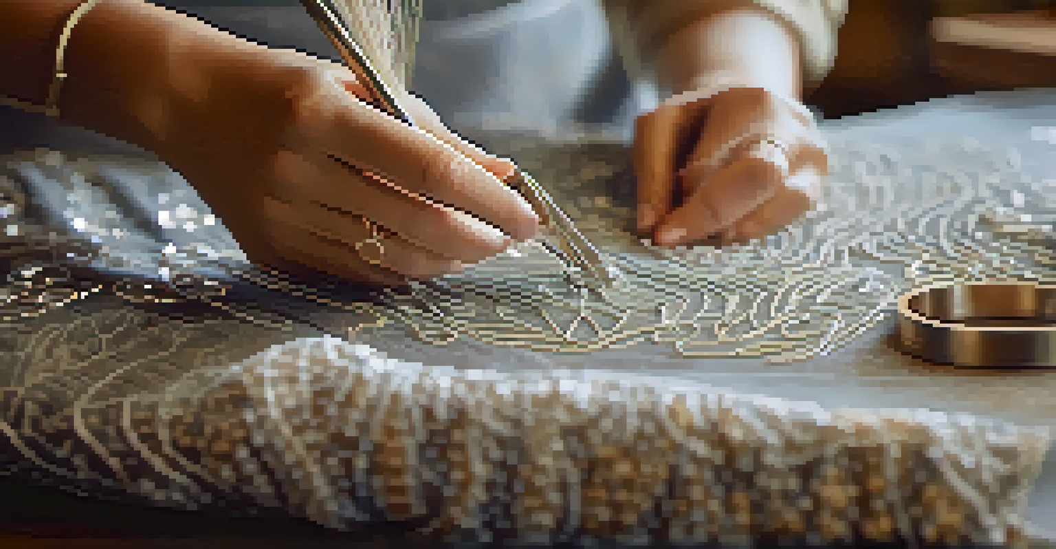 Close-up of hands crafting a garment with traditional techniques, showcasing the intricate details of the fabric and tools in a cozy workshop filled with natural light.