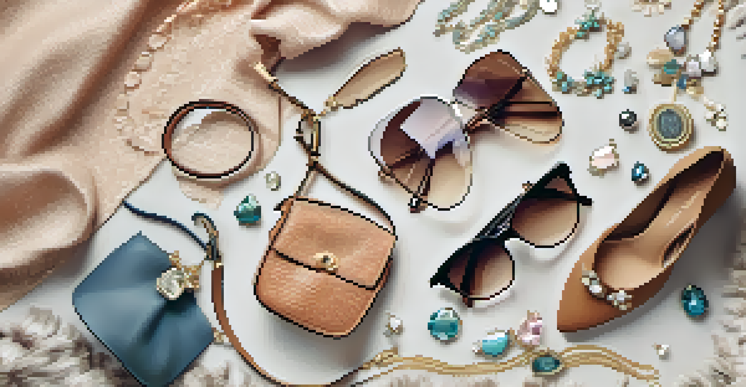 An artistic flat lay of fashion accessories, including a handbag, sunglasses, and shoes, on textured fabric.