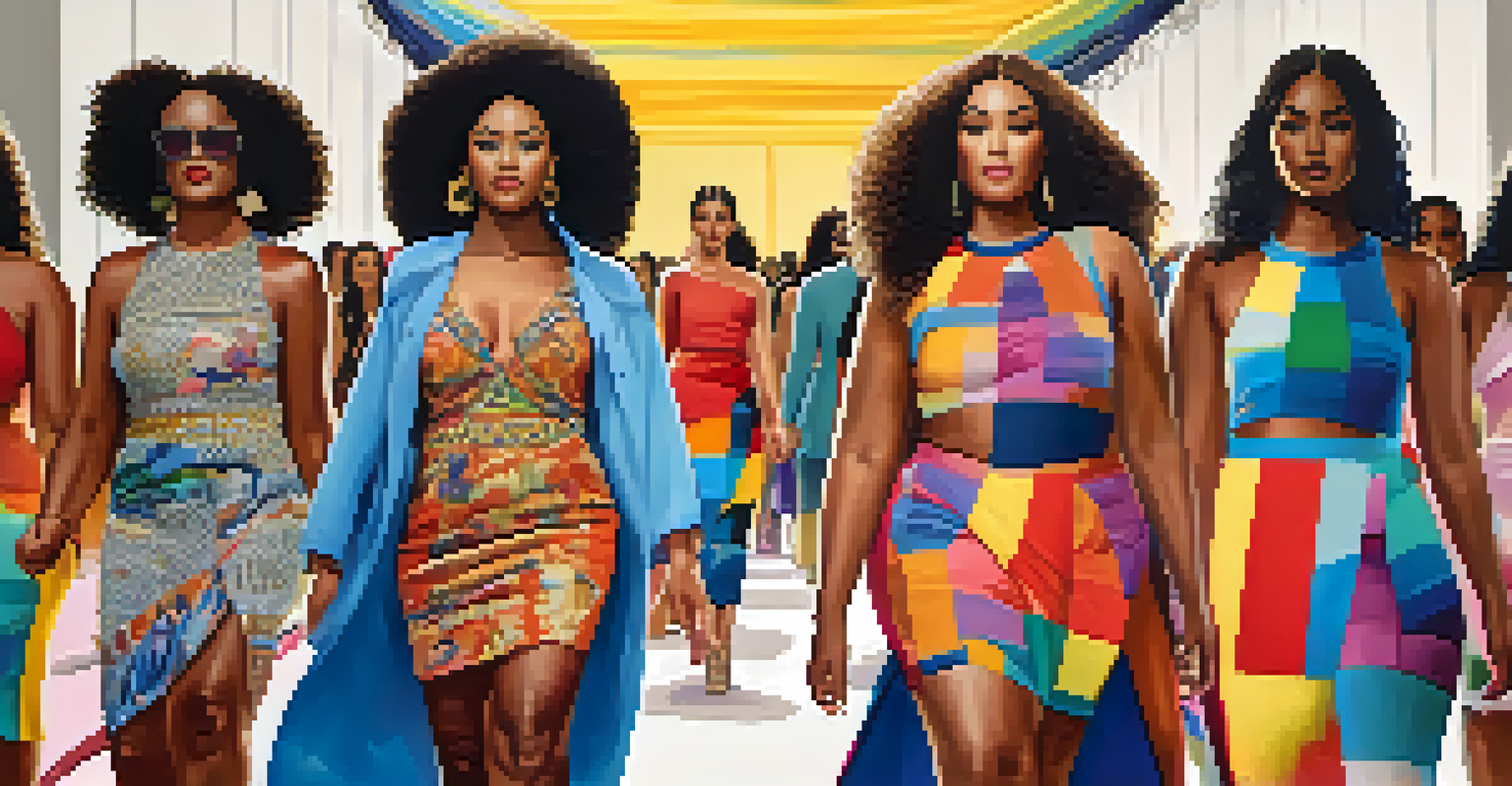 Models of diverse sizes and ethnicities walking the runway at a fashion show, promoting body positivity and inclusivity.