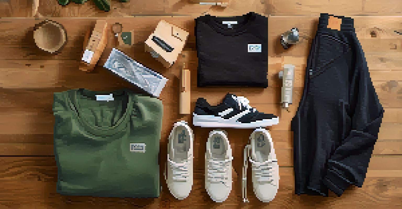 A flat lay of eco-friendly streetwear items including a graphic t-shirt, sneakers, and accessories on a textured surface.