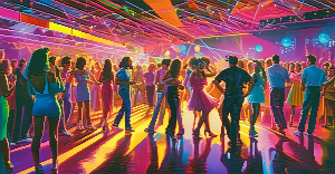 A lively party scene from the 1980s with colorful outfits, neon lights, and disco balls, creating a vibrant atmosphere.