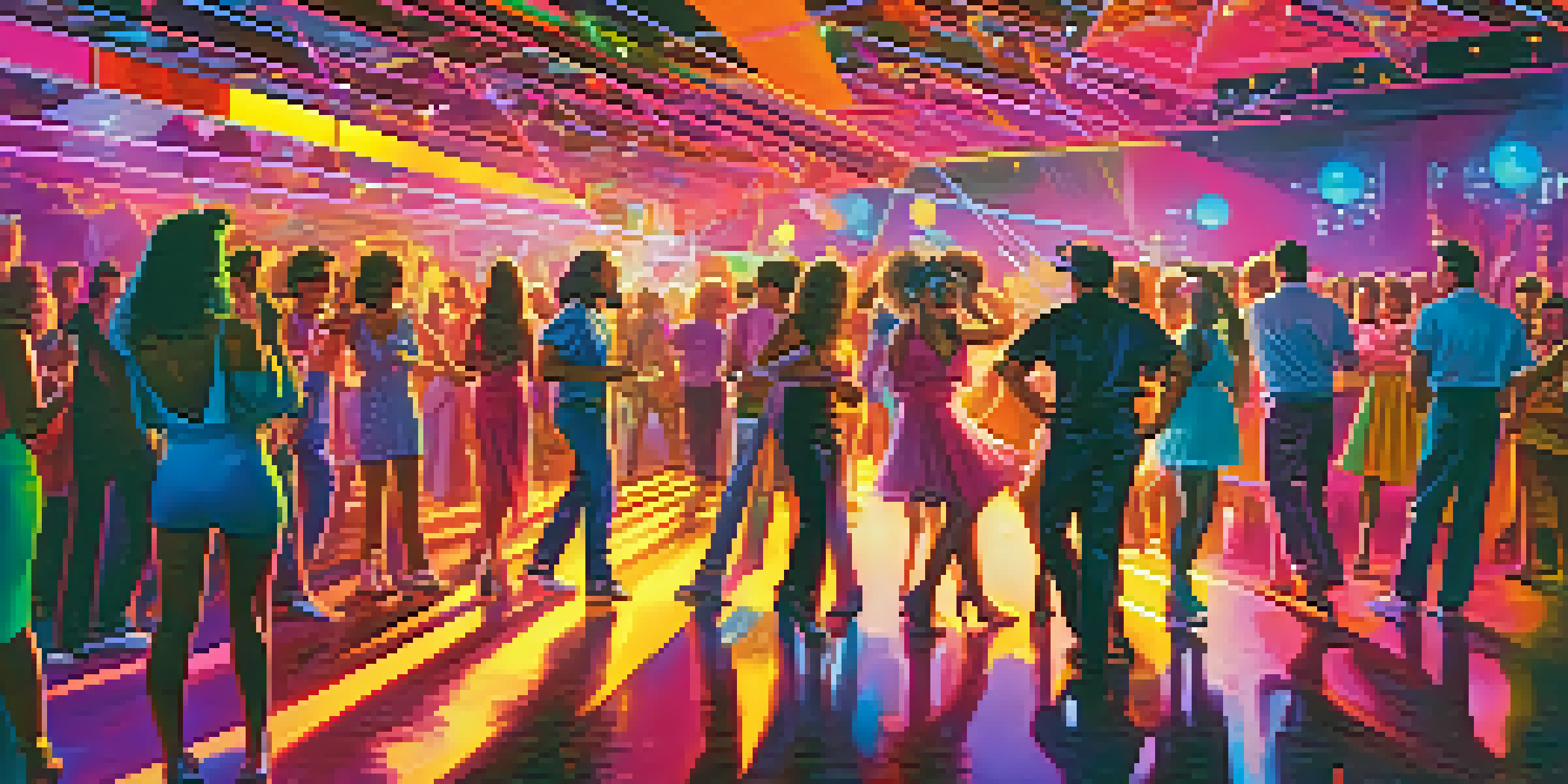 A lively party scene from the 1980s with colorful outfits, neon lights, and disco balls, creating a vibrant atmosphere.