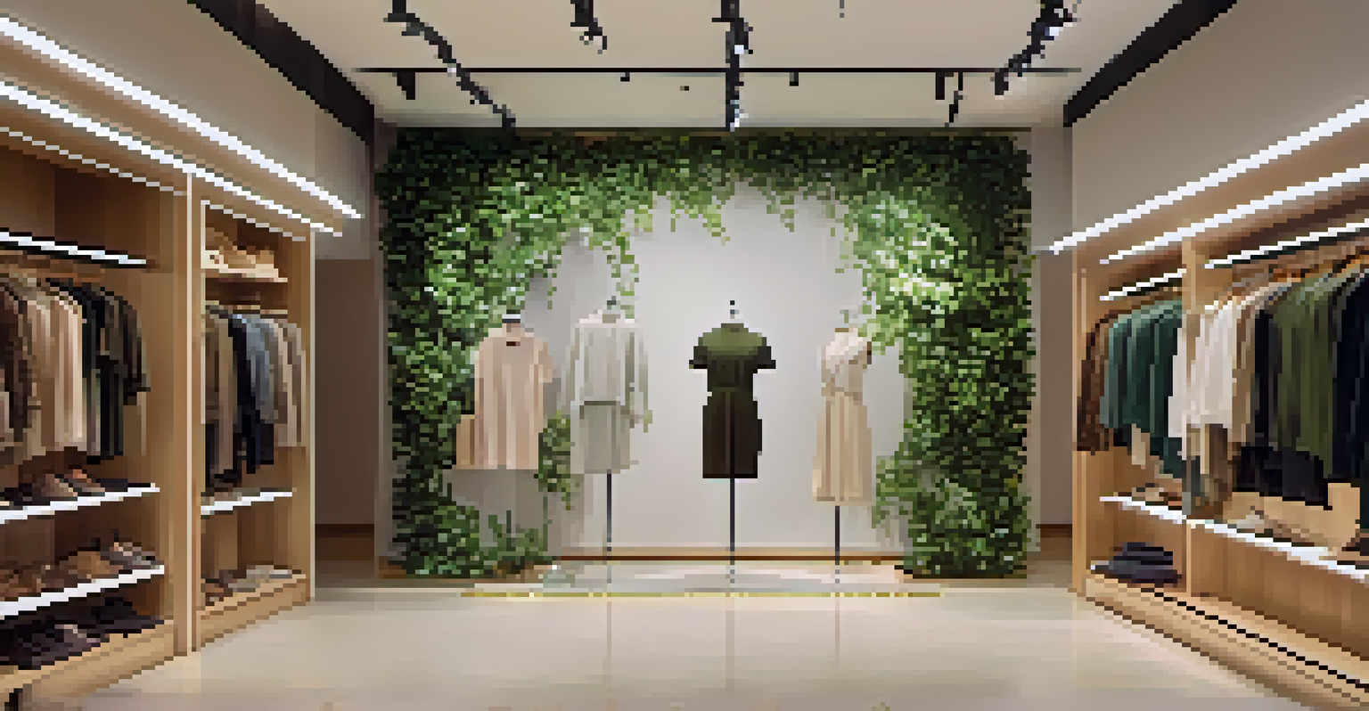A stylish retail store interior with sustainable fashion displays and soft lighting.