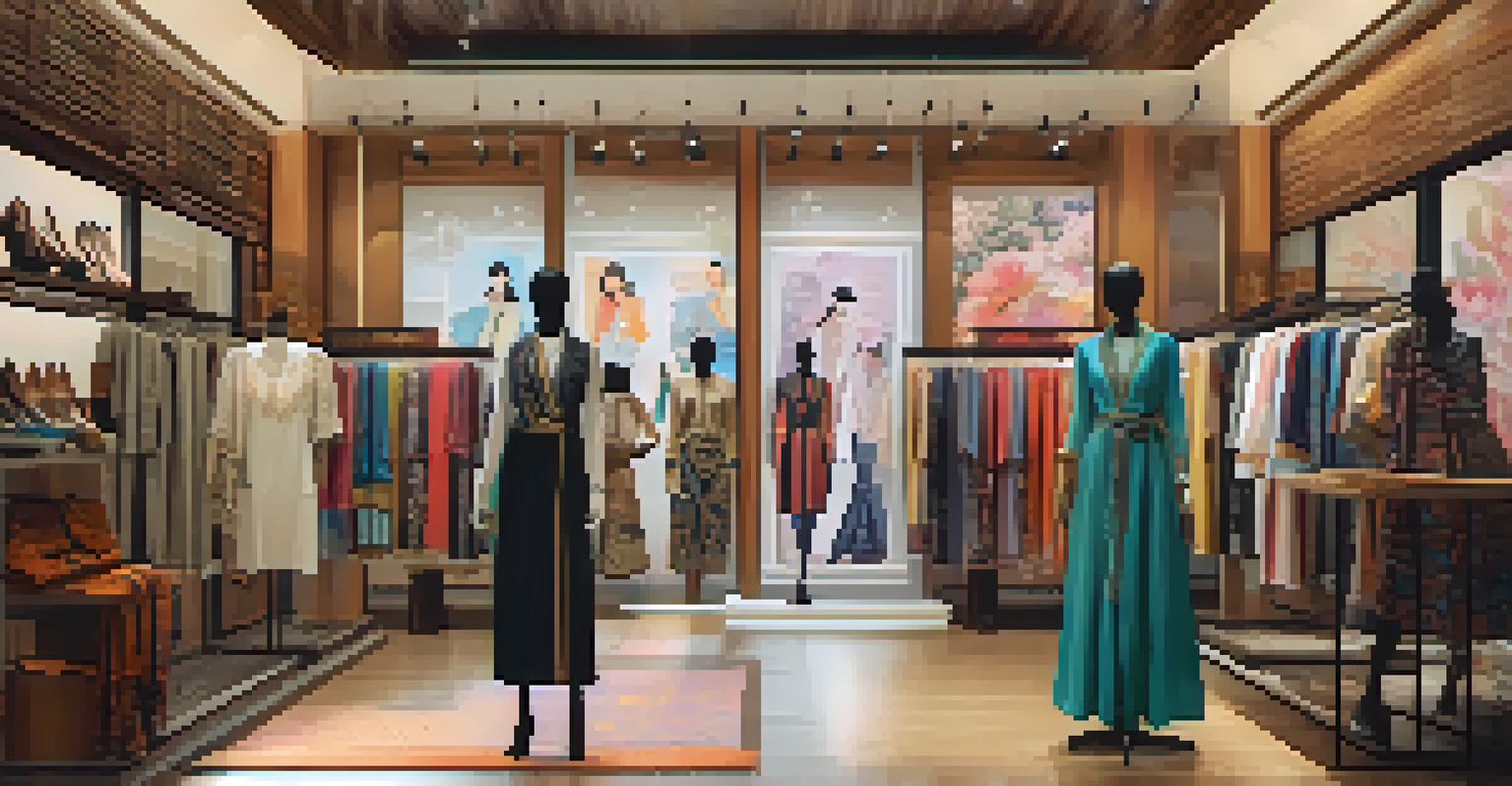 A modern fashion boutique displaying a mix of traditional and contemporary clothing in a stylish interior.