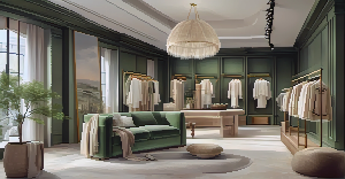 An elegant fashion boutique with sustainable clothing and natural materials, illuminated by soft lighting.