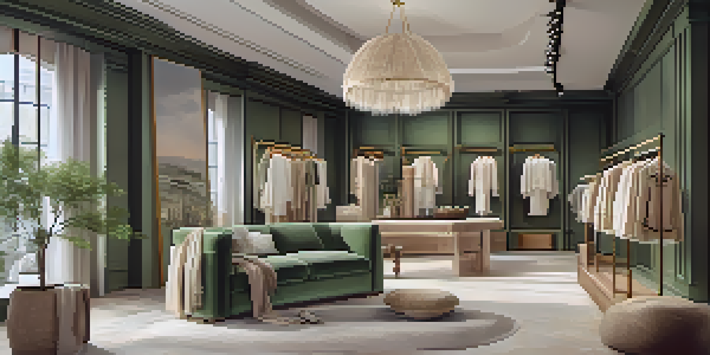 An elegant fashion boutique with sustainable clothing and natural materials, illuminated by soft lighting.