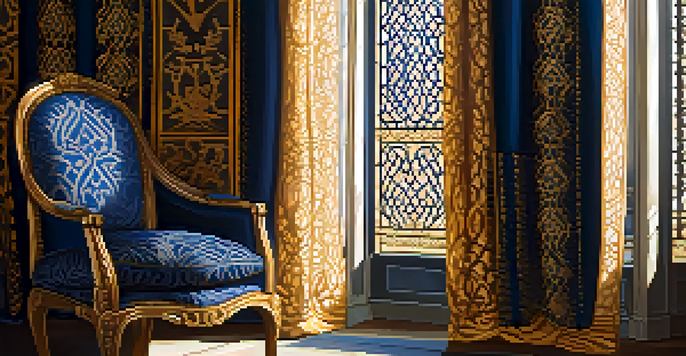 A close-up image of a textile pattern resembling Gothic architecture, featuring intricate lace-like designs in blue and gold, draped over a wooden chair with warm natural lighting.