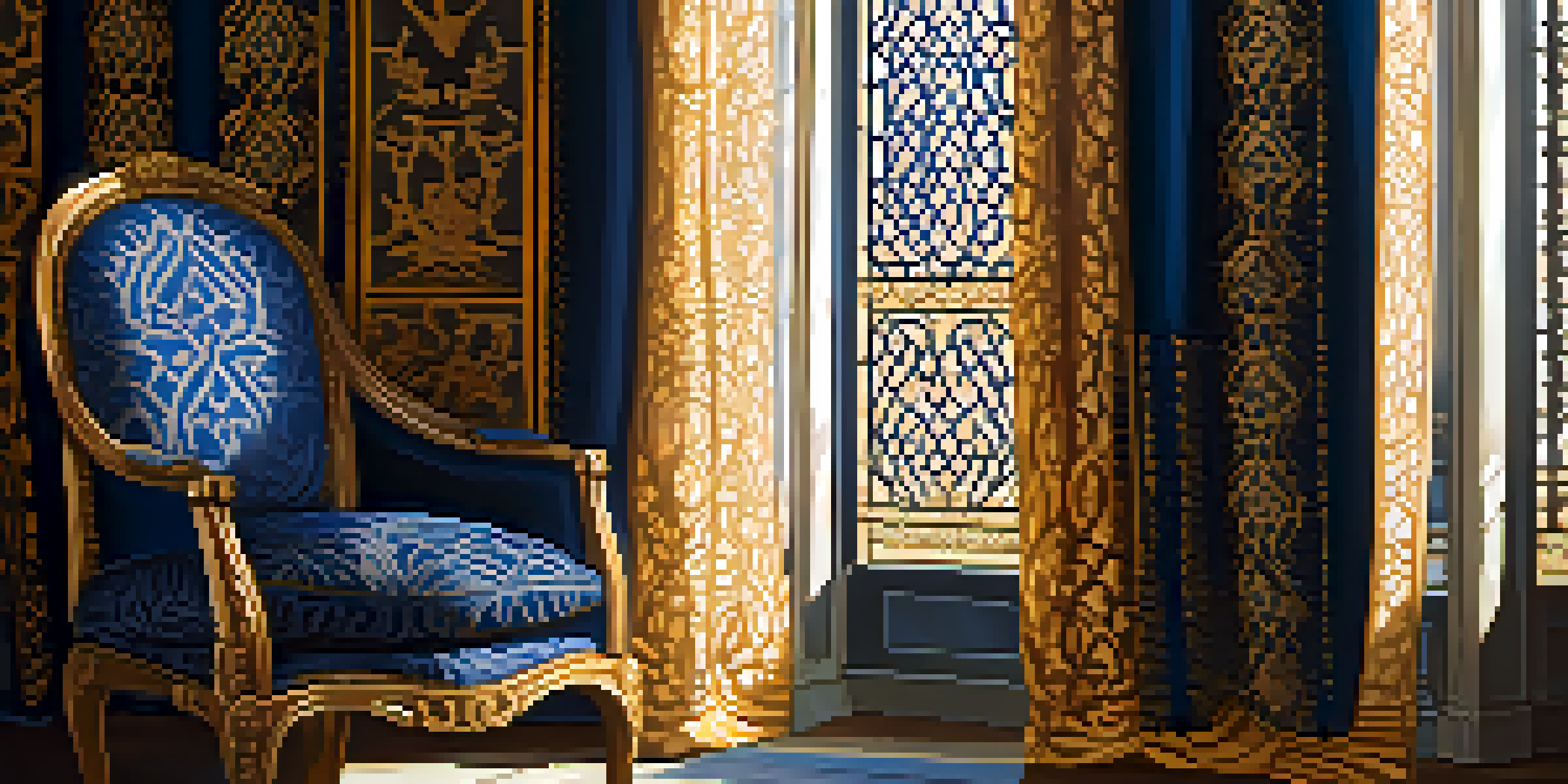 A close-up image of a textile pattern resembling Gothic architecture, featuring intricate lace-like designs in blue and gold, draped over a wooden chair with warm natural lighting.