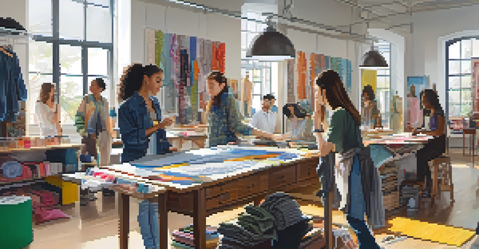 A design studio where designers of different cultures collaborate, filled with colorful fabrics and sketches, with natural light streaming through the windows.
