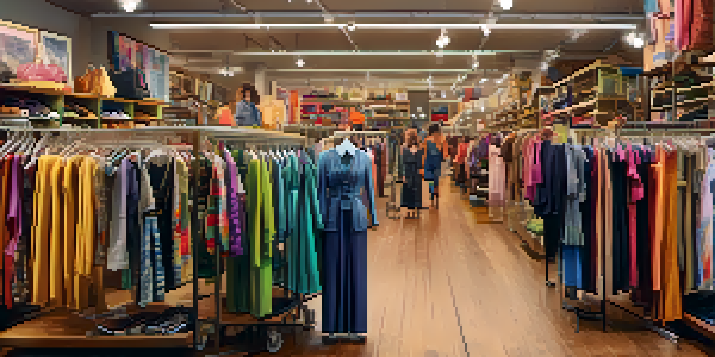 A colorful thrift shop with shoppers browsing through vintage clothing racks, emphasizing sustainable fashion.
