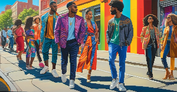 A lively street scene filled with people of different backgrounds showcasing their unique fashion styles with bright colors and patterns.