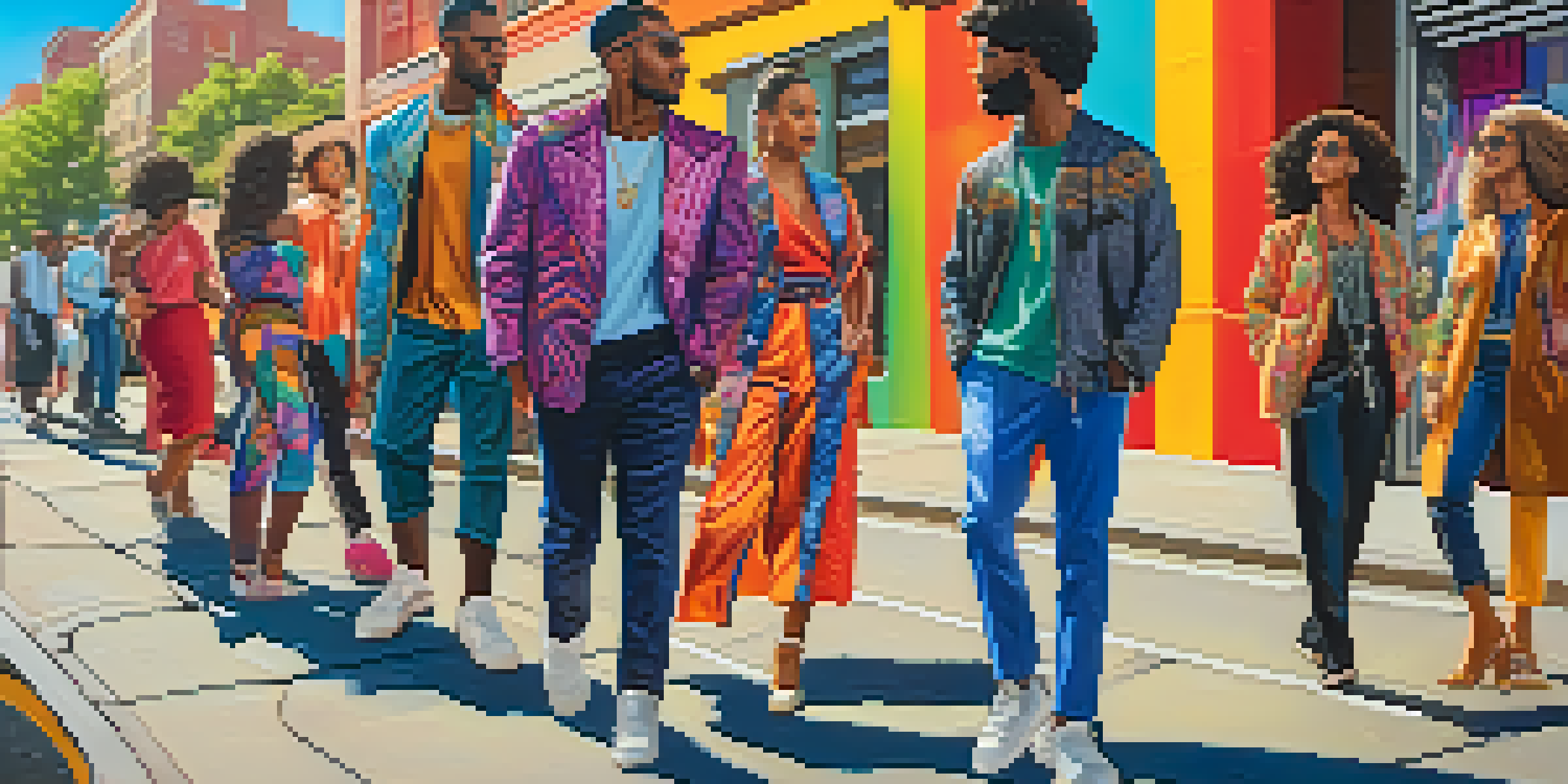 A lively street scene filled with people of different backgrounds showcasing their unique fashion styles with bright colors and patterns.