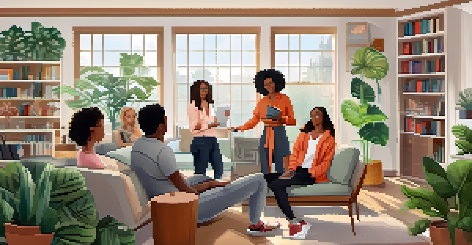 A group of diverse individuals on a video call, wearing casual and stylish outfits in home settings.