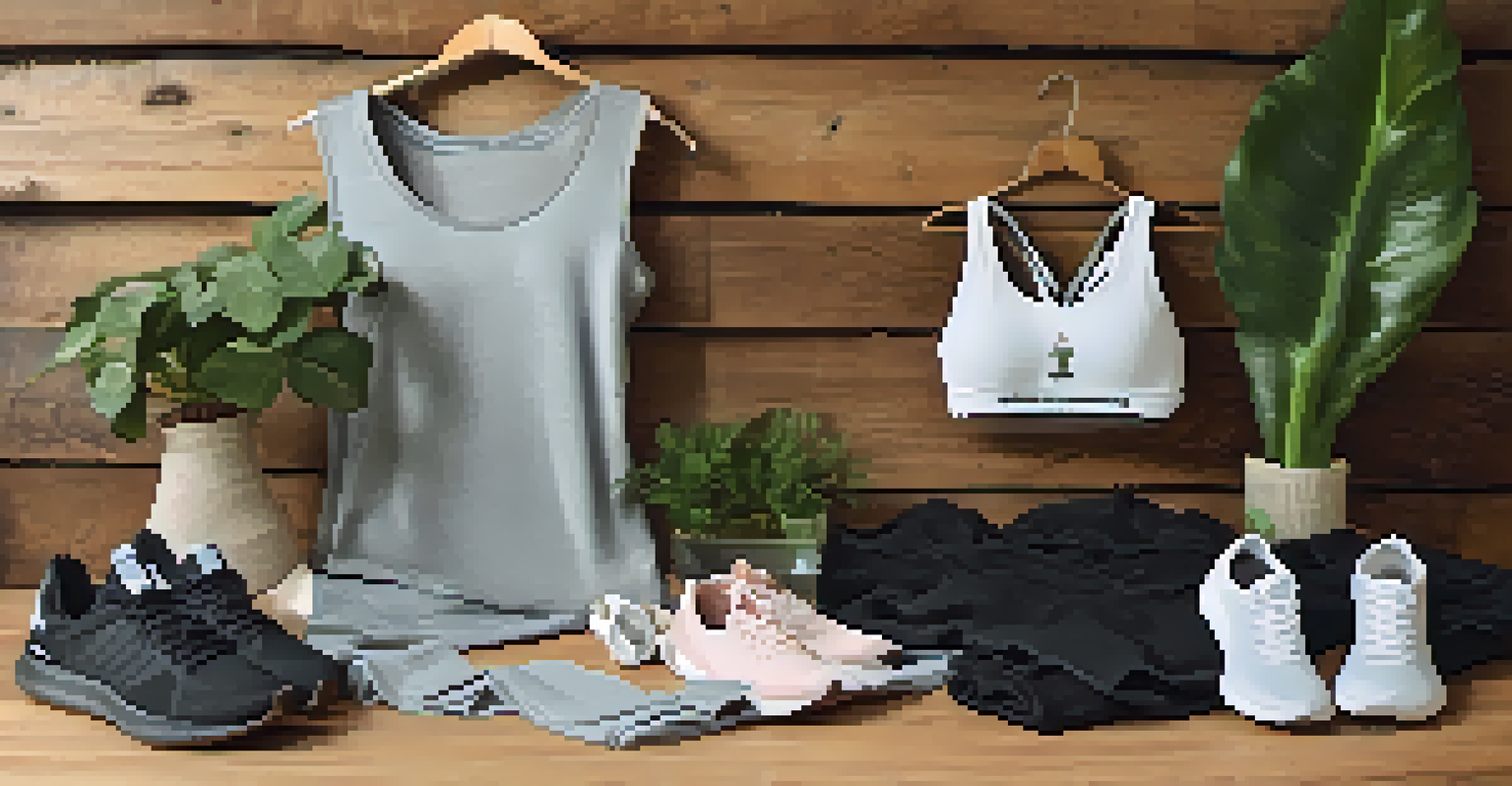 A collection of eco-friendly activewear items on a wooden surface, labeled by material type, with plants in the background.