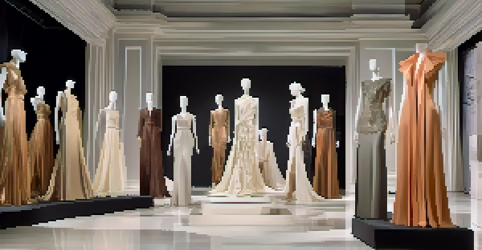 A fashion runway designed like an art gallery, showcasing elegant garments on pedestals with ambient lighting and abstract sculptures in the background.