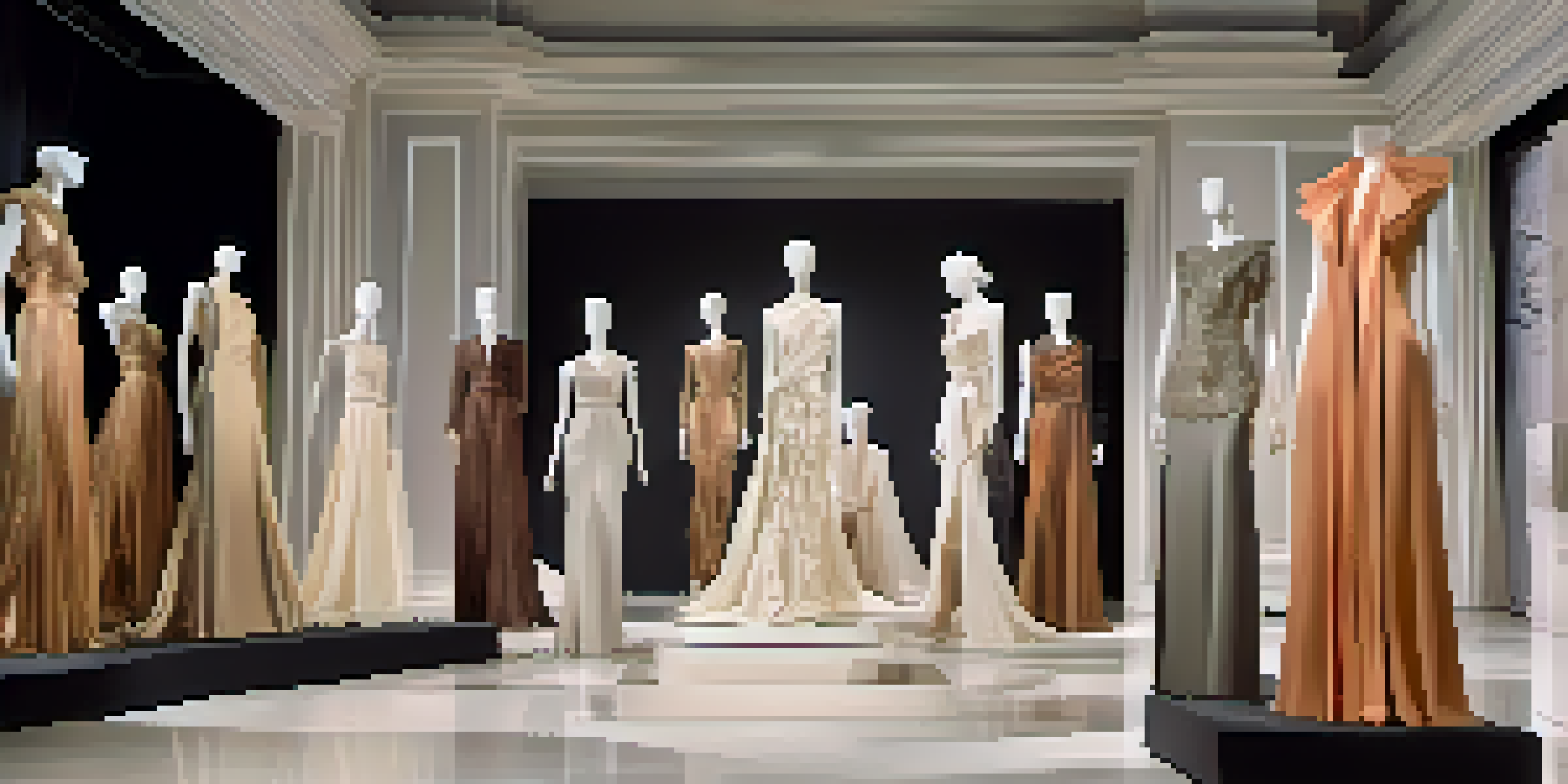 A fashion runway designed like an art gallery, showcasing elegant garments on pedestals with ambient lighting and abstract sculptures in the background.