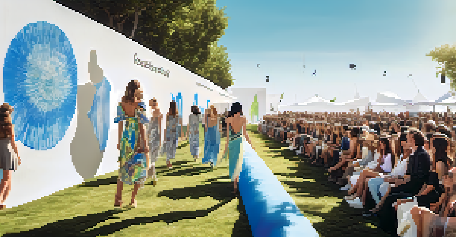 Models on a runway wearing eco-friendly clothing at an outdoor fashion event, with an audience and banners promoting sustainability.