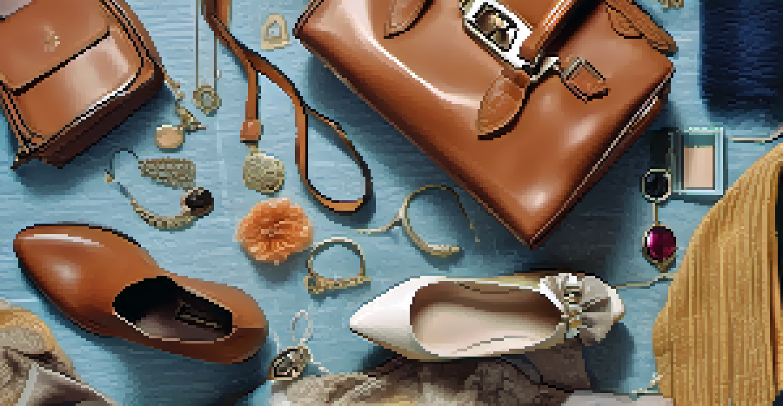 Flat lay of second-hand fashion items including a vintage handbag and stylish shoes on a textured background.
