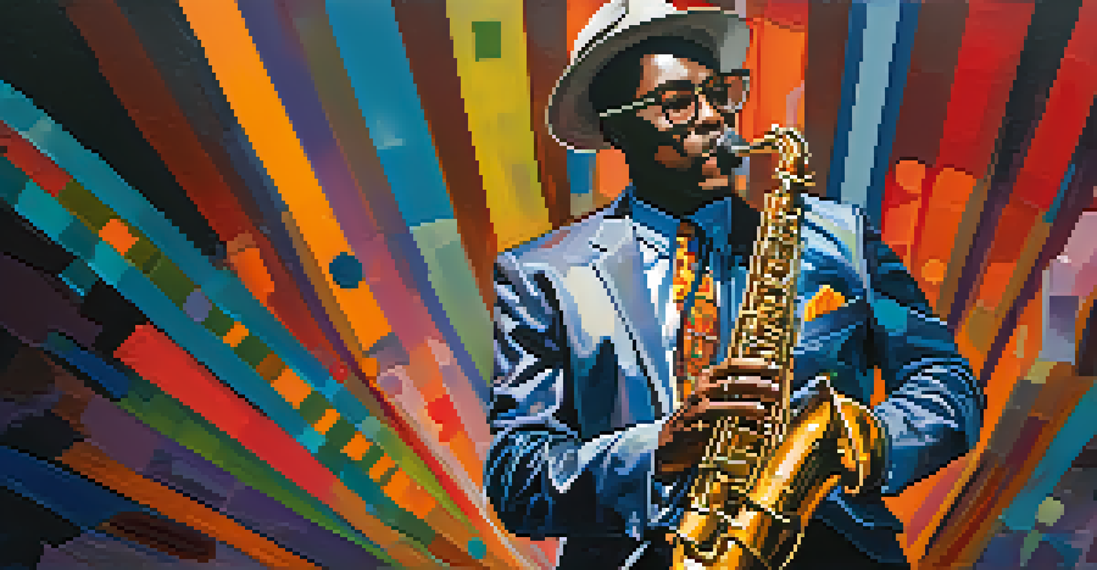A modern jazz artist on stage, dressed in a stylish blend of vintage and contemporary fashion, playing a saxophone with vibrant lights in the background.