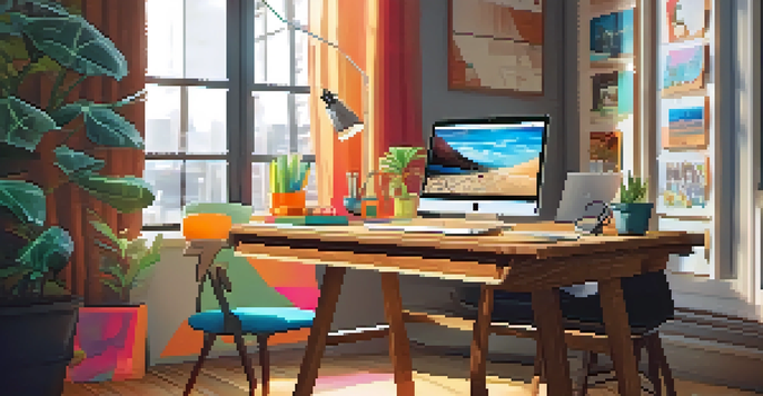 A colorful and creative workspace with a laptop, stationery, a plant, and a coffee mug, illuminated by natural light.