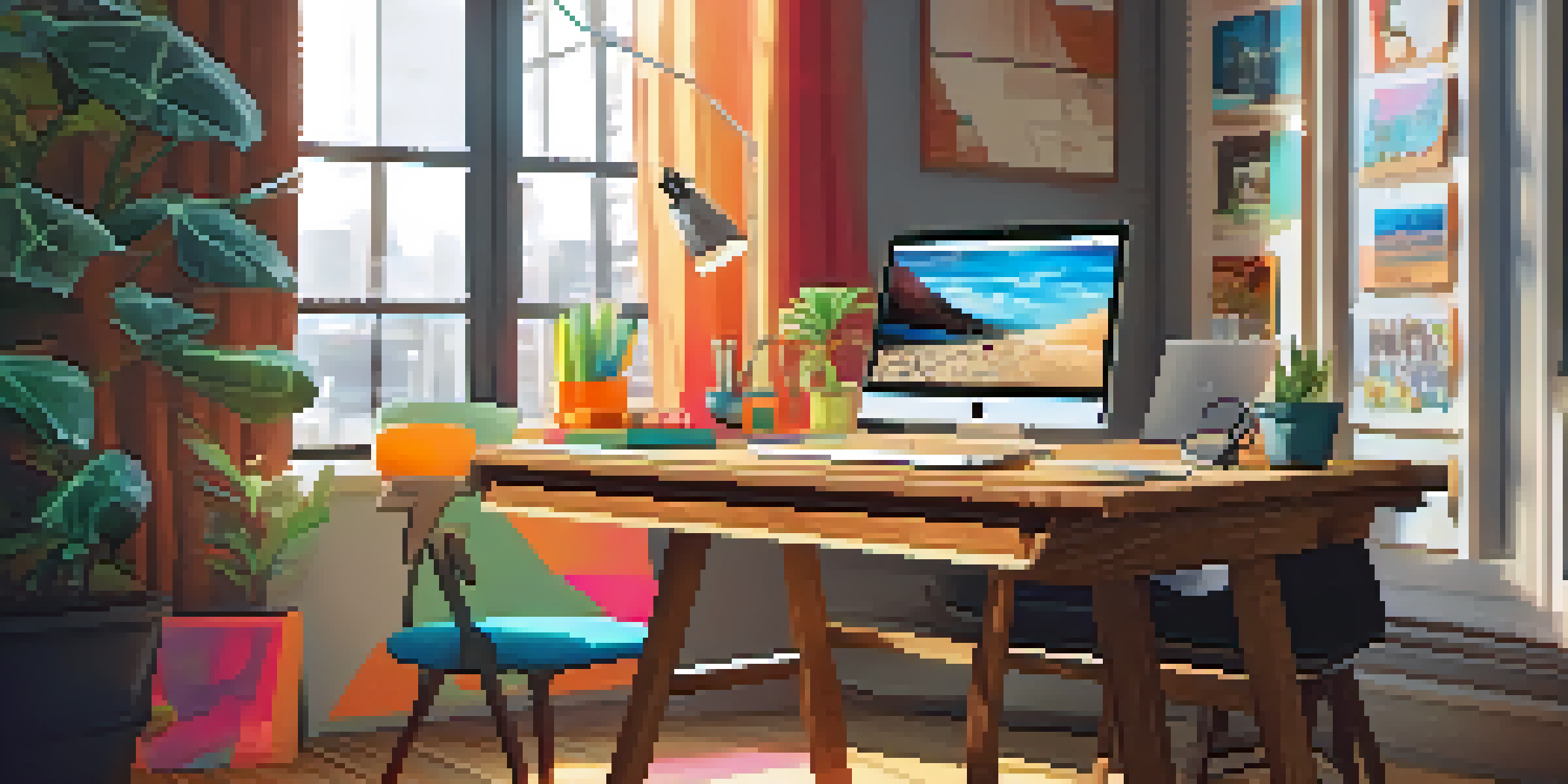 A colorful and creative workspace with a laptop, stationery, a plant, and a coffee mug, illuminated by natural light.