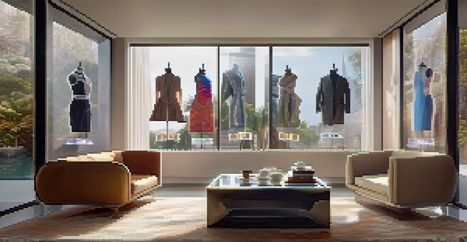 A person interacting with holographic fashion garments in a modern living room, showcasing a blend of traditional and modern styles.
