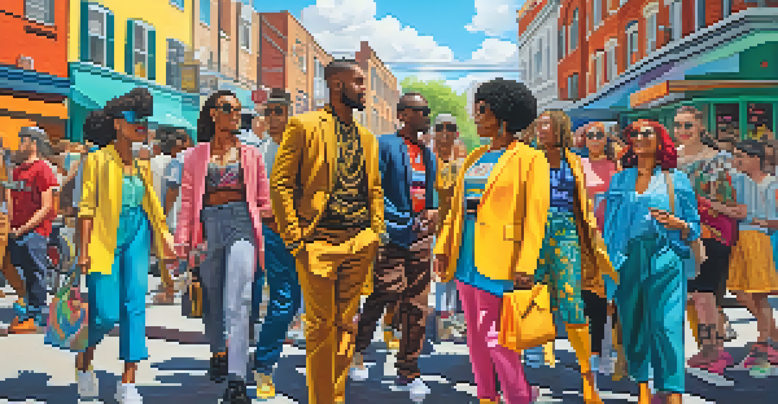 Diverse individuals in a vibrant street, wearing gender-neutral fashion and expressing unique styles with colorful backgrounds.