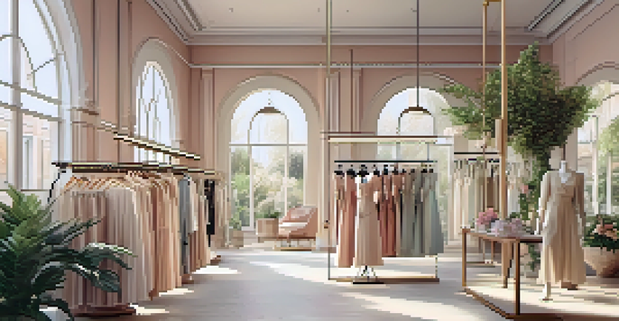 An elegant fashion boutique interior with clothing racks, soft pastel colors, and natural light, featuring a mannequin in a designer outfit.