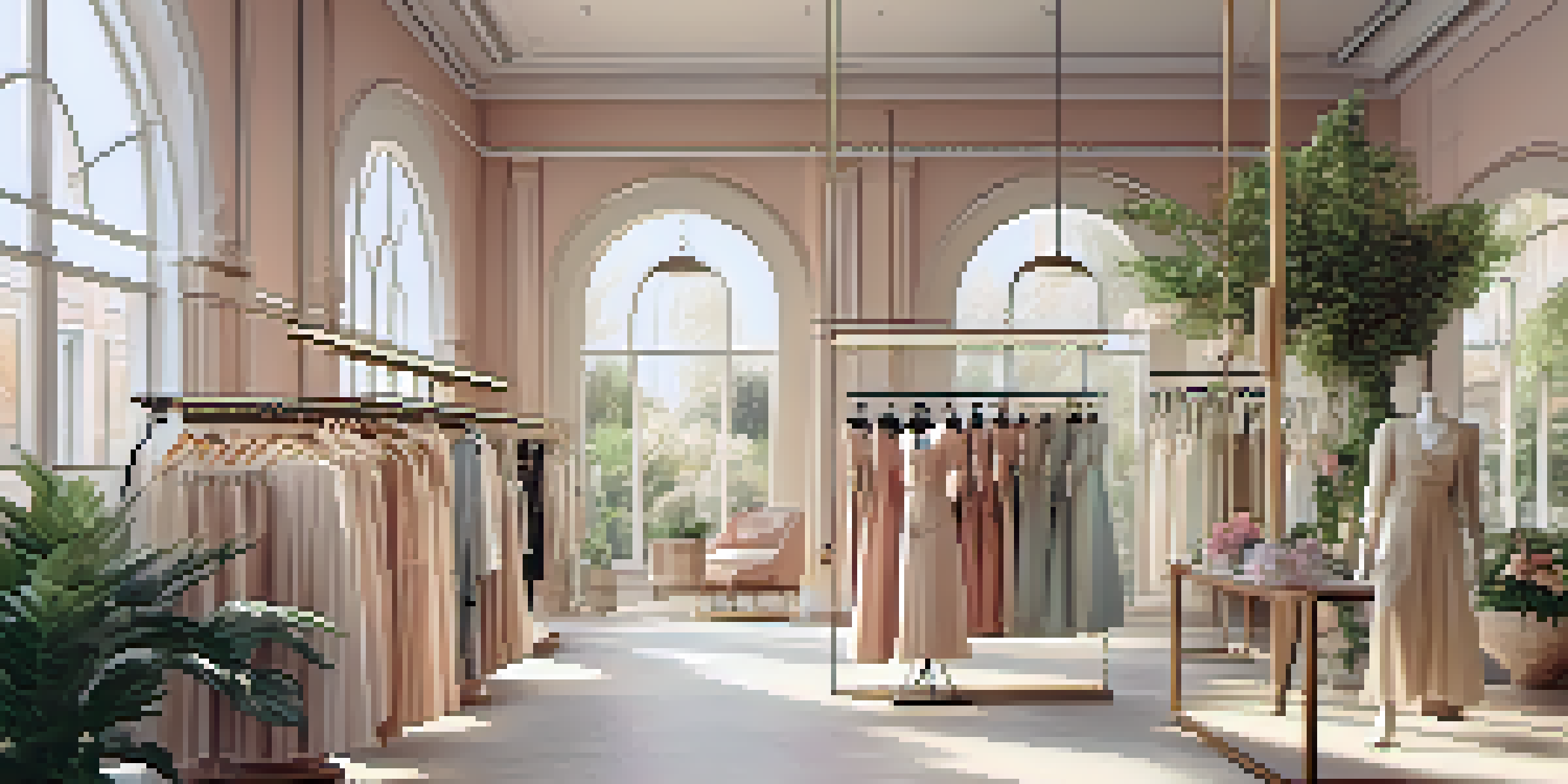 An elegant fashion boutique interior with clothing racks, soft pastel colors, and natural light, featuring a mannequin in a designer outfit.