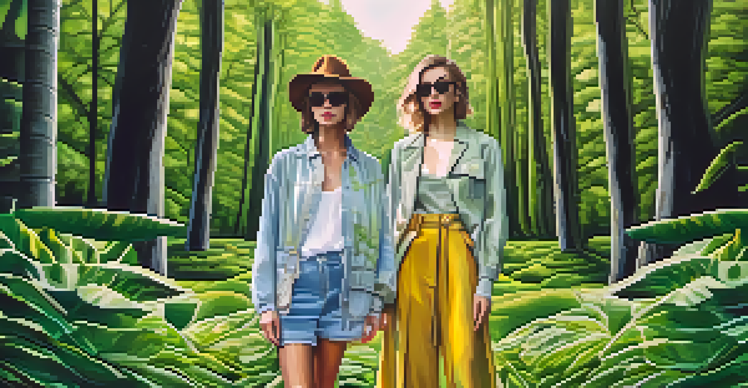 A fashionable outfit made from recycled materials, set against a green landscape with sunlight shining through the trees.