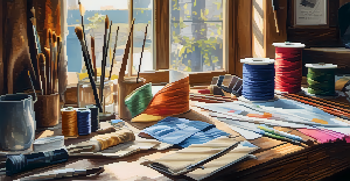 A close-up view of a fashion designer's workspace with fabric swatches and sketches on a wooden table illuminated by soft natural light.