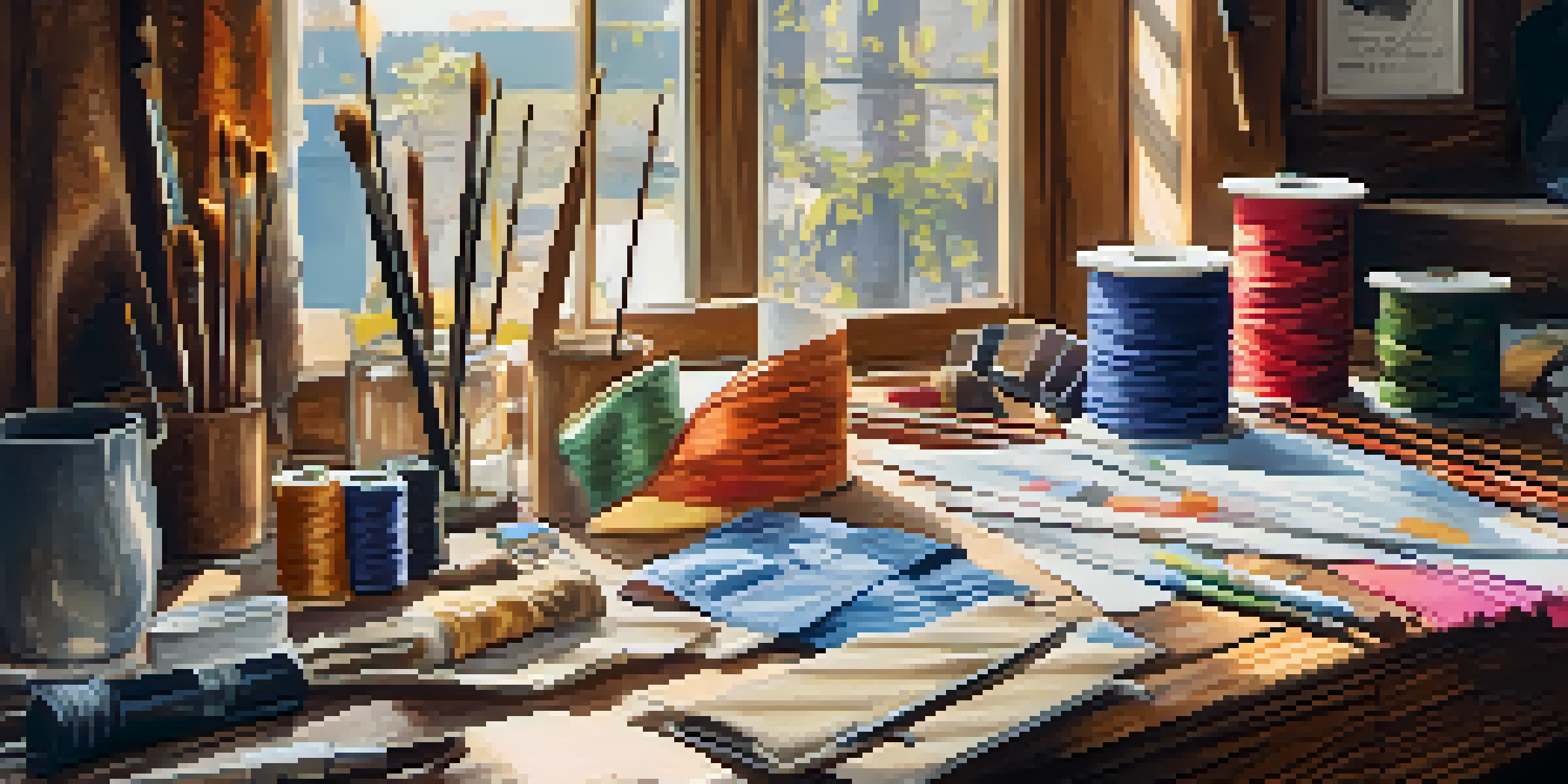 A close-up view of a fashion designer's workspace with fabric swatches and sketches on a wooden table illuminated by soft natural light.