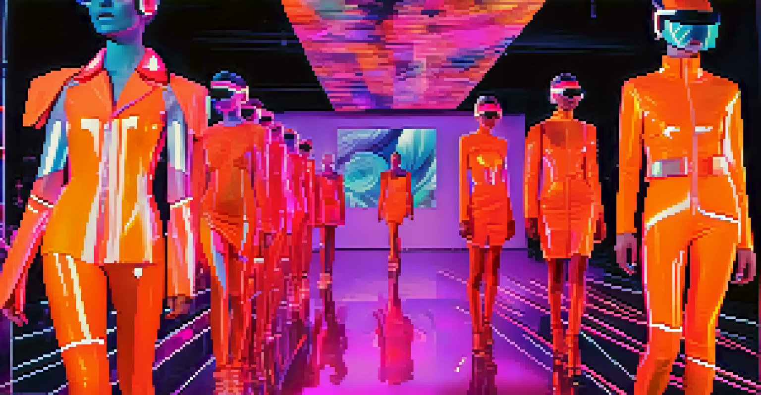 A futuristic fashion show with models in glowing neon garments against a high-tech virtual reality backdrop, showcasing the blend of art and technology.