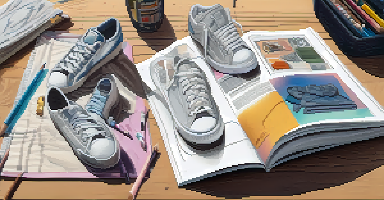 An open sketchbook displaying casual streetwear designs with colored pencils on a wooden table.