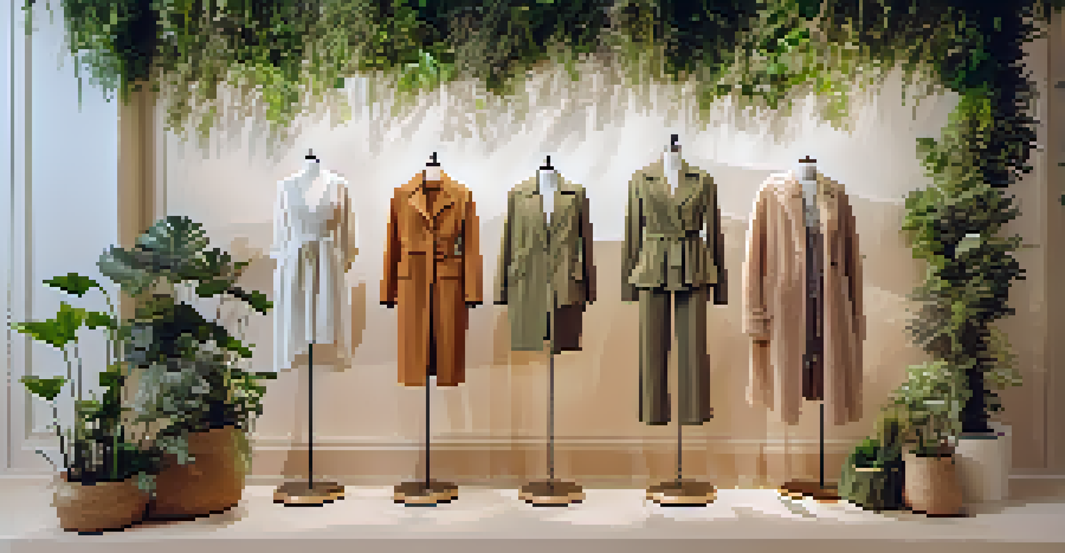 A stylish boutique display of sustainable clothing made from organic materials, with plants and natural elements highlighting eco-friendliness.