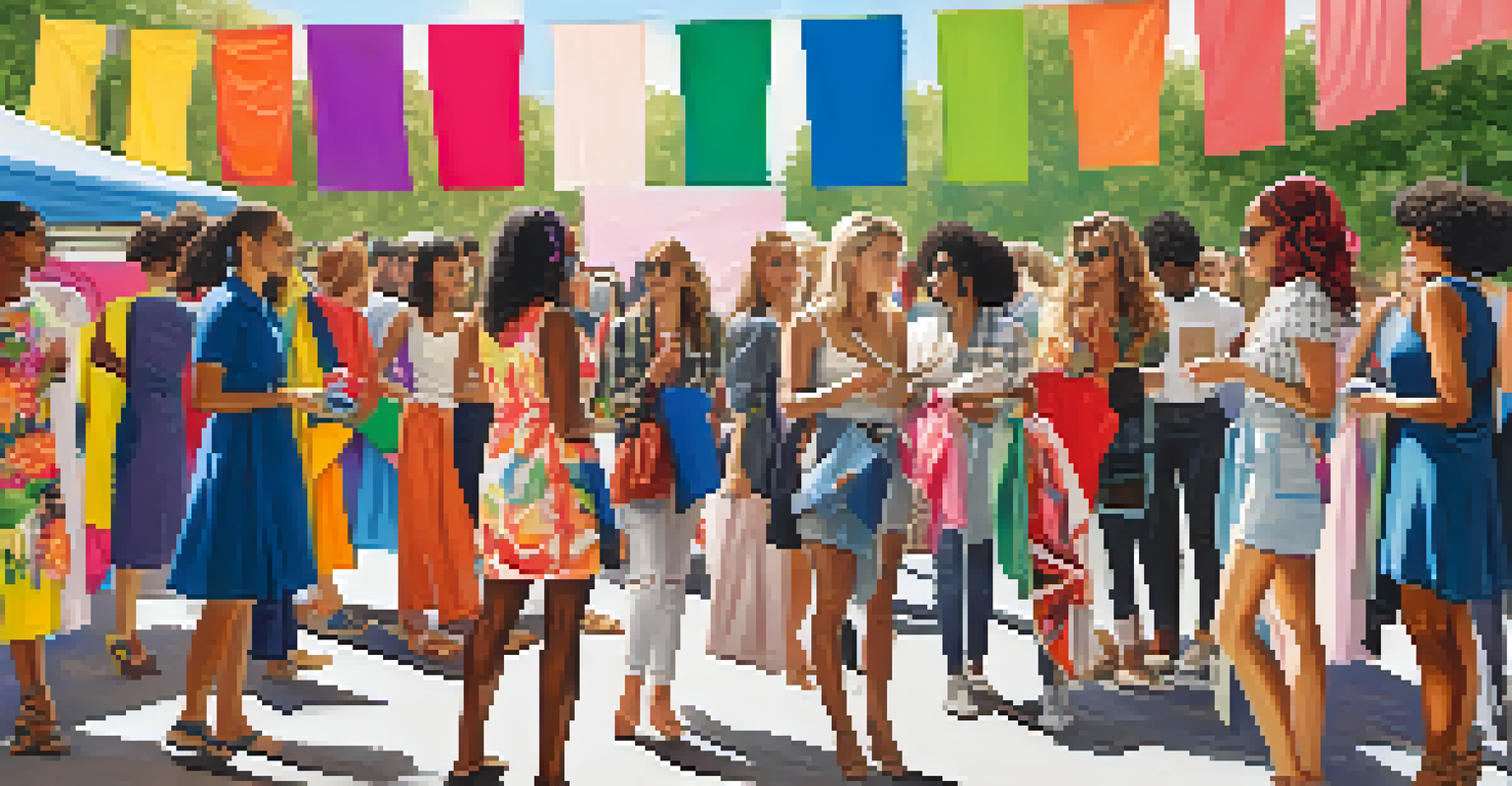 A diverse group of people at a fashion swap event, exchanging clothing items in a vibrant outdoor setting.