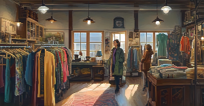 A vintage thrift shop filled with colorful second-hand clothing, warm lighting, and a customer looking at a patterned dress.