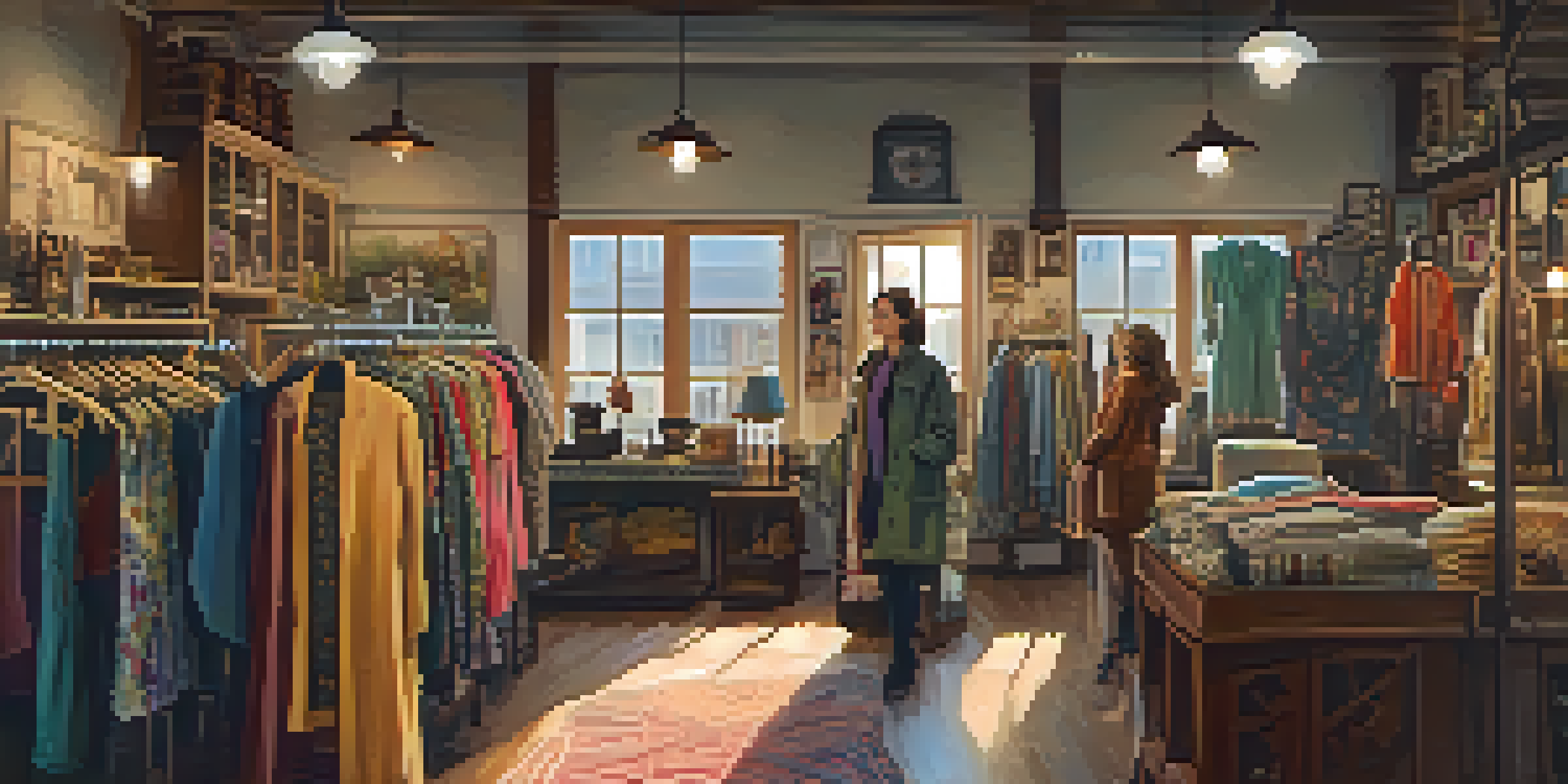 A vintage thrift shop filled with colorful second-hand clothing, warm lighting, and a customer looking at a patterned dress.
