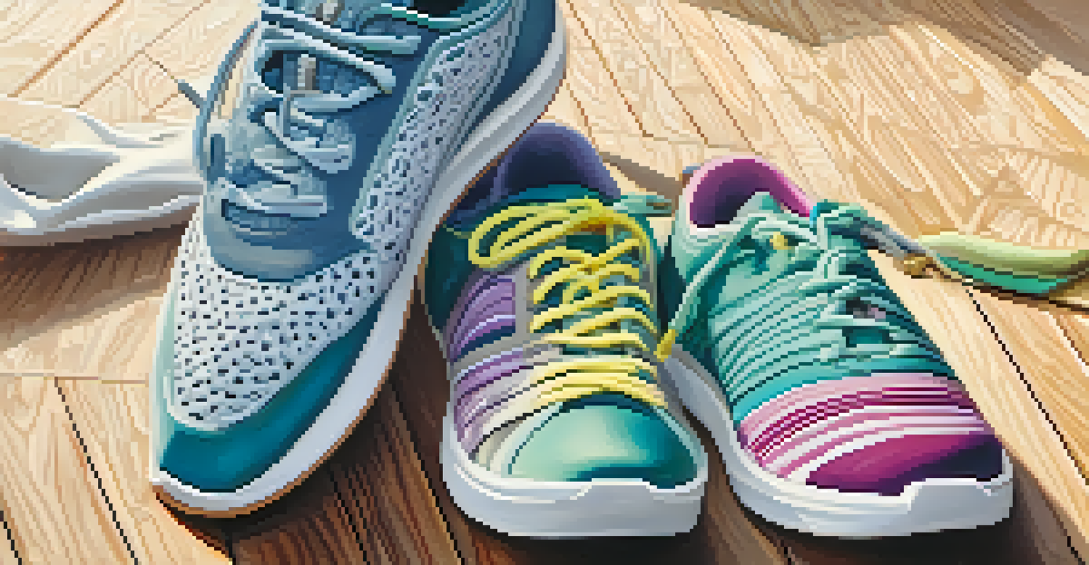 A close-up view of stylish athleisure sneakers on a wooden floor, with a yoga mat and water bottle in the background.