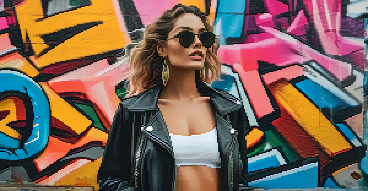 A fashion influencer modeling a trendy outfit confidently in front of a colorful graffiti wall, expressing empowerment.