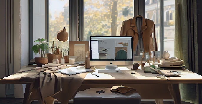 A fashion designer's workspace with sustainable fabrics and tools, illuminated by soft natural light.