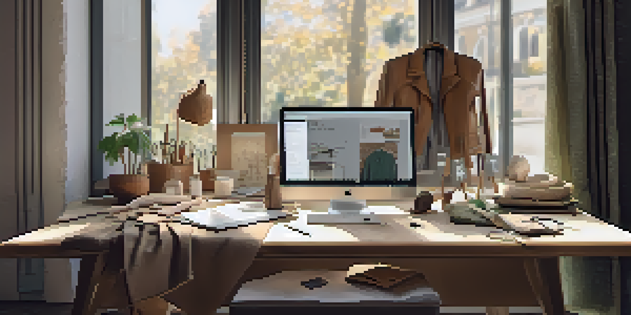 A fashion designer's workspace with sustainable fabrics and tools, illuminated by soft natural light.