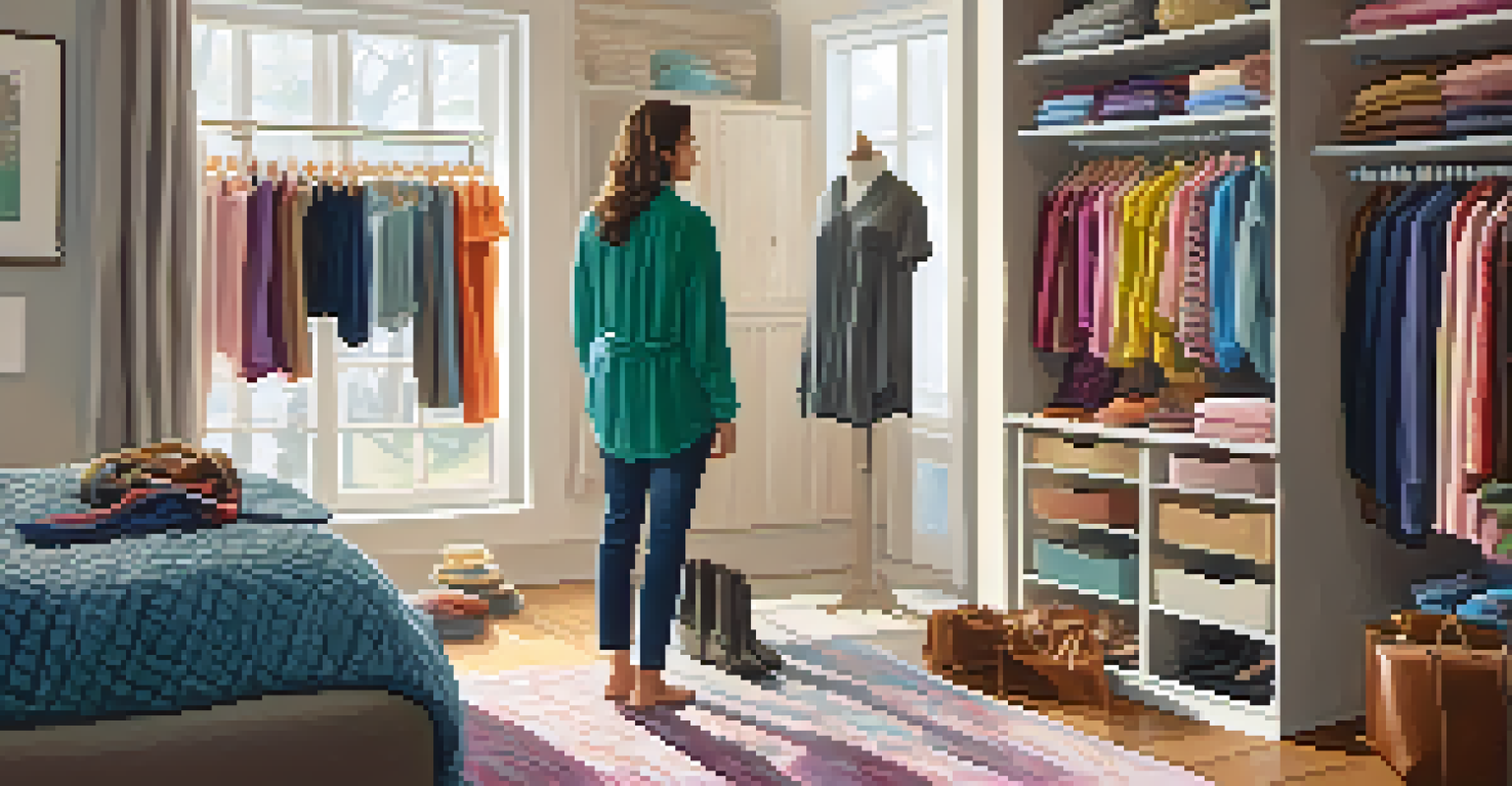 A serene indoor space with a person curating their colorful wardrobe, showcasing a cozy atmosphere with natural light.