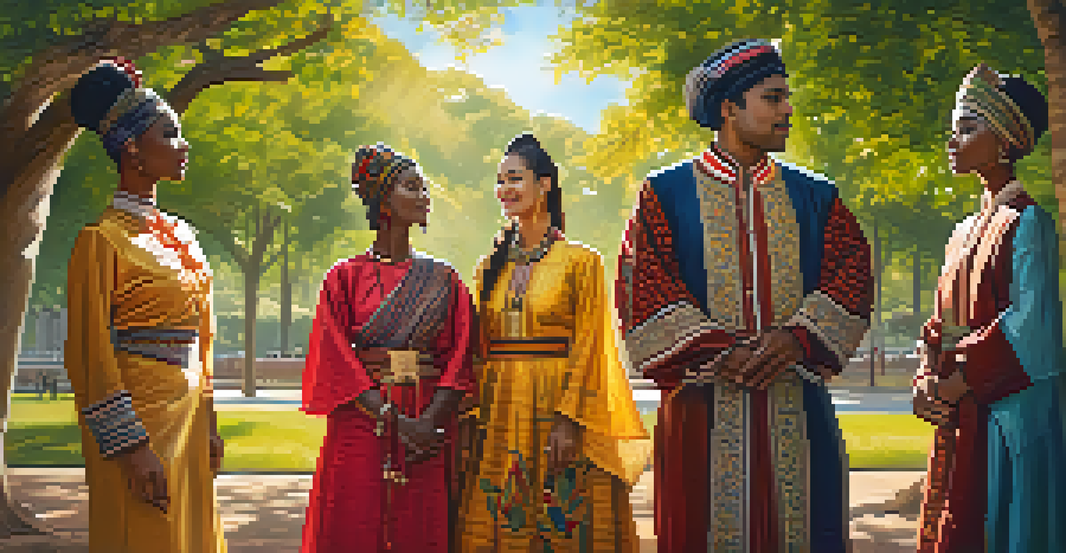A group of diverse individuals in traditional clothing standing in a park, smiling and celebrating their unique heritages.