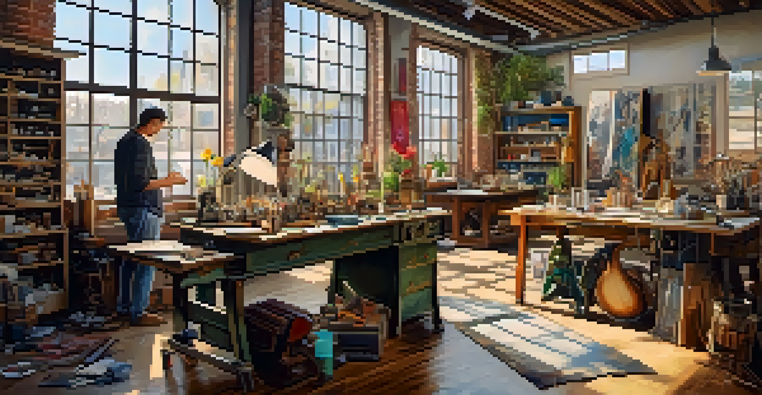 An artisan's workspace showing the process of upcycling discarded materials into fashionable items, with creative tools and vibrant fabrics.