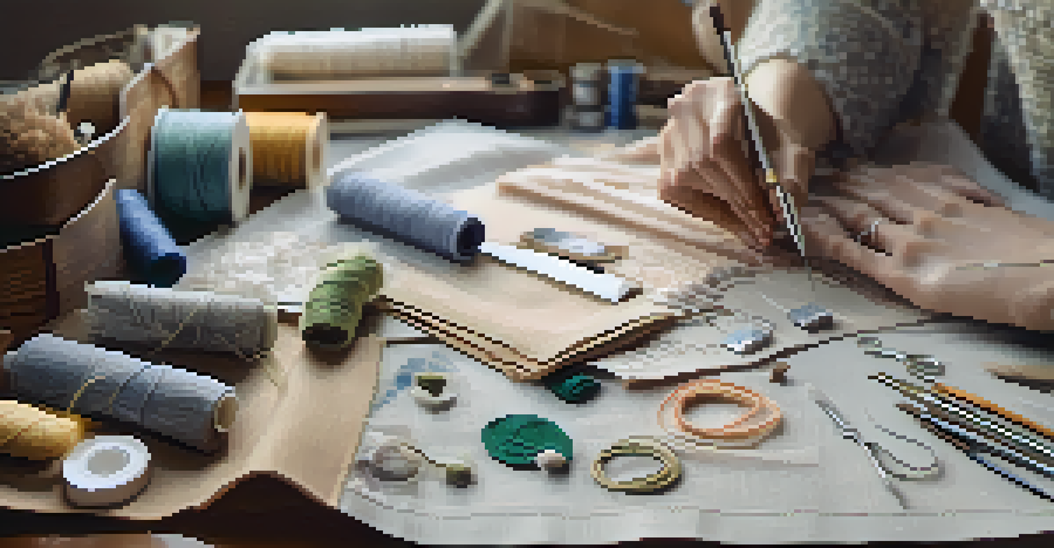 A close-up of hands holding a recycled fabric swatch, surrounded by sewing tools and sketches, highlighting sustainable fashion craftsmanship.