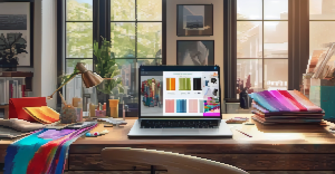 A fashion designer's workspace with colorful fabrics, sketches, and a laptop, illuminated by soft natural light.