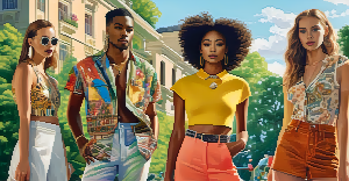 A diverse group of models in an urban park, wearing bright and eclectic fashion styles, surrounded by greenery and sunlight.